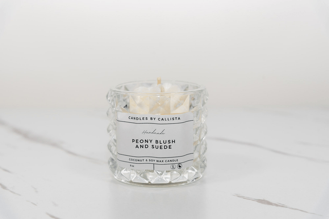 Luxury Crystal Glass Candle | Peony Blush & Suede – 8oz